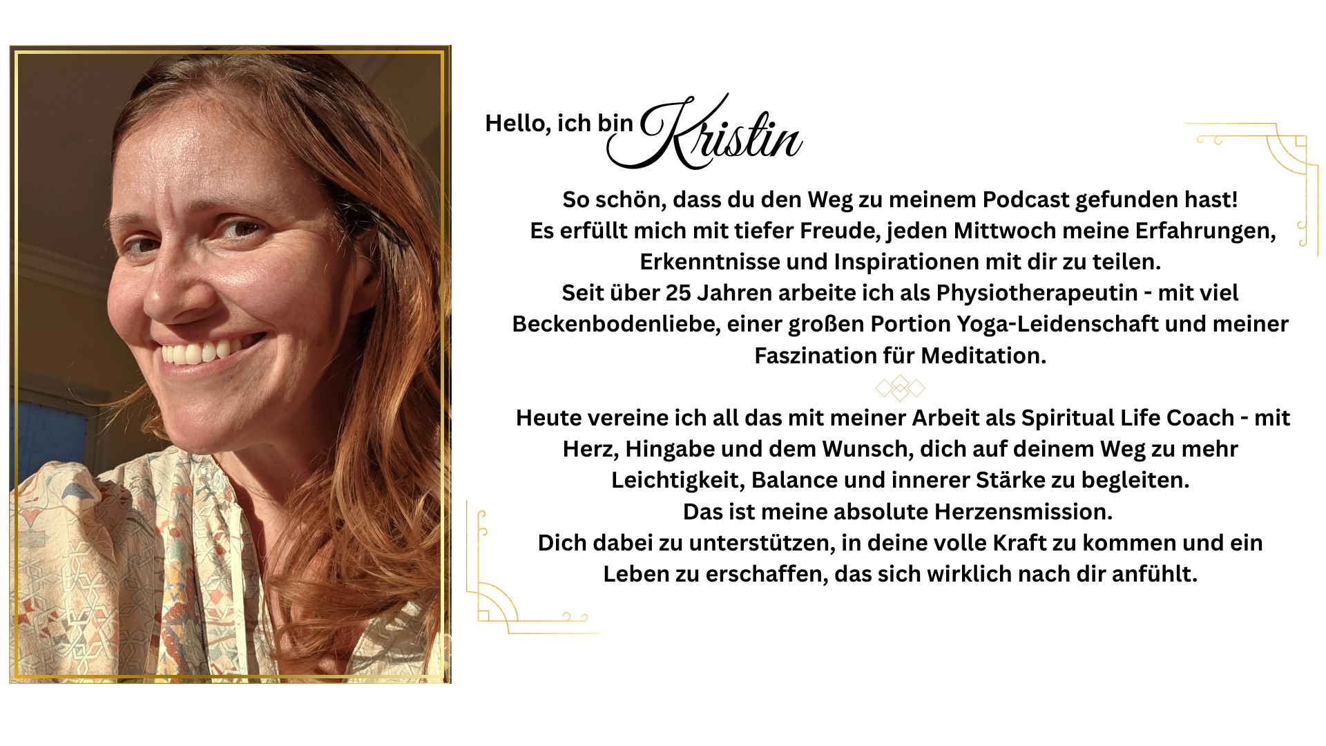 „Auf dem Smartphone-Display steht eine persönliche Begrüßung von Kristin, die ihren Podcast vorstellt, über ihre langjährige Arbeit als Physiotherapeutin, ihre Leidenschaft für Yoga und Meditation sowie ihre heutige Tätigkeit als Spiritual Life Coach spricht und ihre Mission beschreibt, Menschen zu mehr Kraft, Balance und innerer Stärke zu begleiten.“ Auf dem Bild ist Kristin Palm selbst zu sehen.